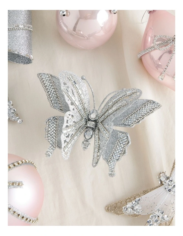 Luxe Christmas Glittered Butterfly Clip with Gems in Silver: 12cm image 3