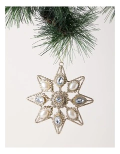 Luxe Christmas Metal Star with Pearl Ornament in Gold: 13cm