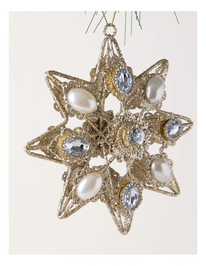 Luxe Christmas Metal Star with Pearl Ornament in Gold: 13cm image 2