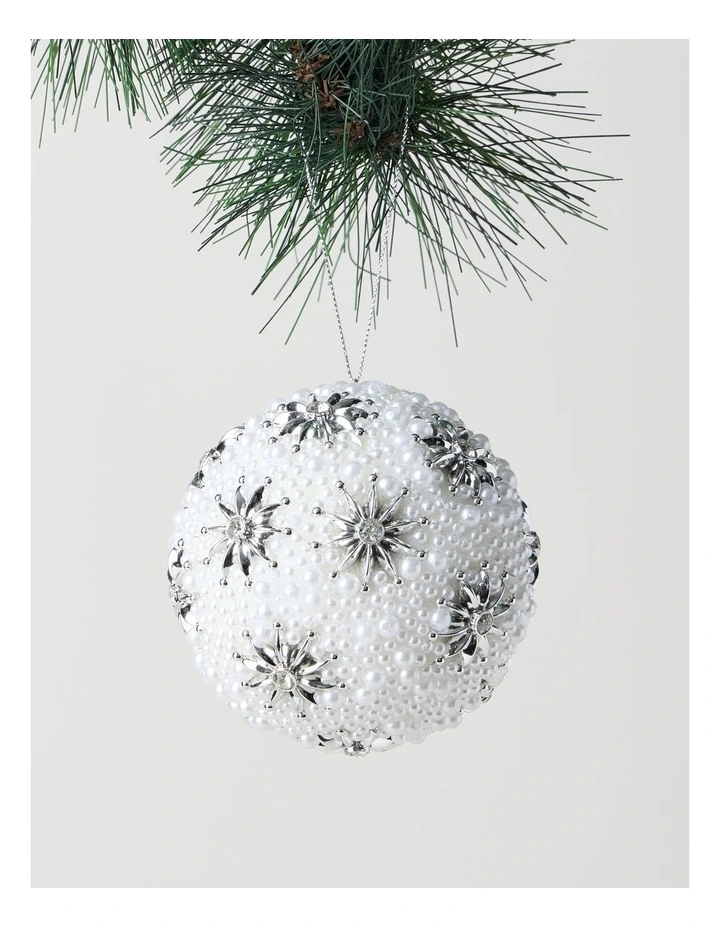 Luxe Christmas Plastic Pearl Bauble with Stars in White: 10cm image 1