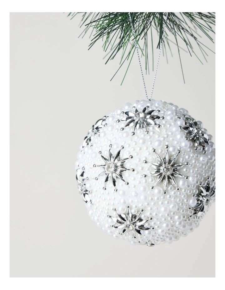 Luxe Christmas Plastic Pearl Bauble with Stars in White: 10cm image 3