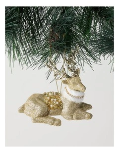 Harvest Christmas Plastic Glitter Reindeer Ornament with Beads in Brown: 10cm