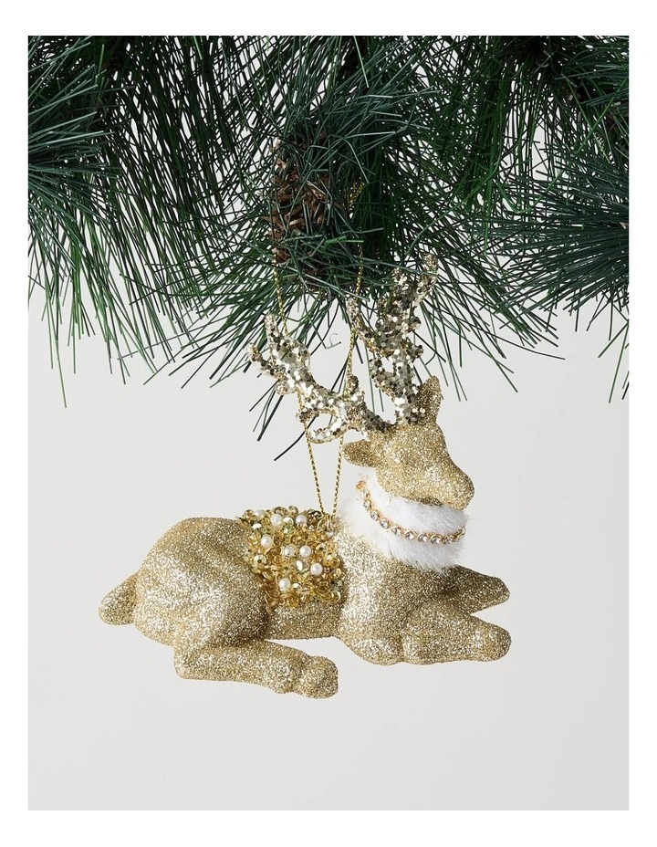 Harvest Christmas Plastic Glitter Reindeer Ornament with Beads in Brown: 10cm image 1