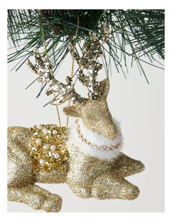 Harvest Christmas Plastic Glitter Reindeer Ornament with Beads in Brown: 10cm image 2