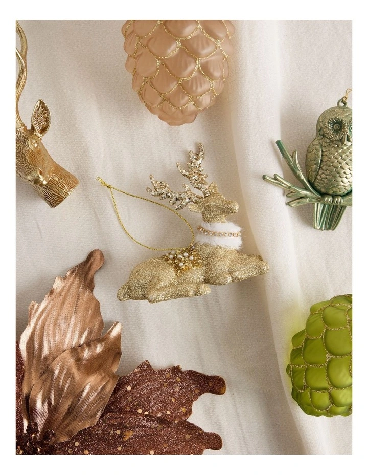Harvest Christmas Plastic Glitter Reindeer Ornament with Beads in Brown: 10cm image 3