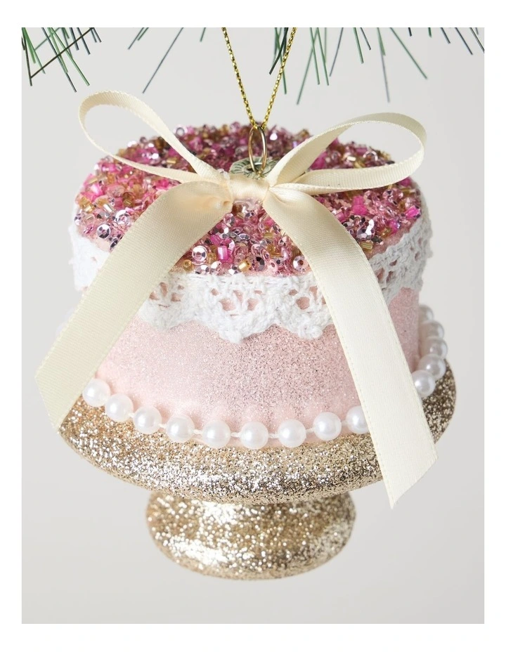 Nostalgia Christmas Plastic Cake with Bead & Pearls Ornament in Pink: 10cm image 3