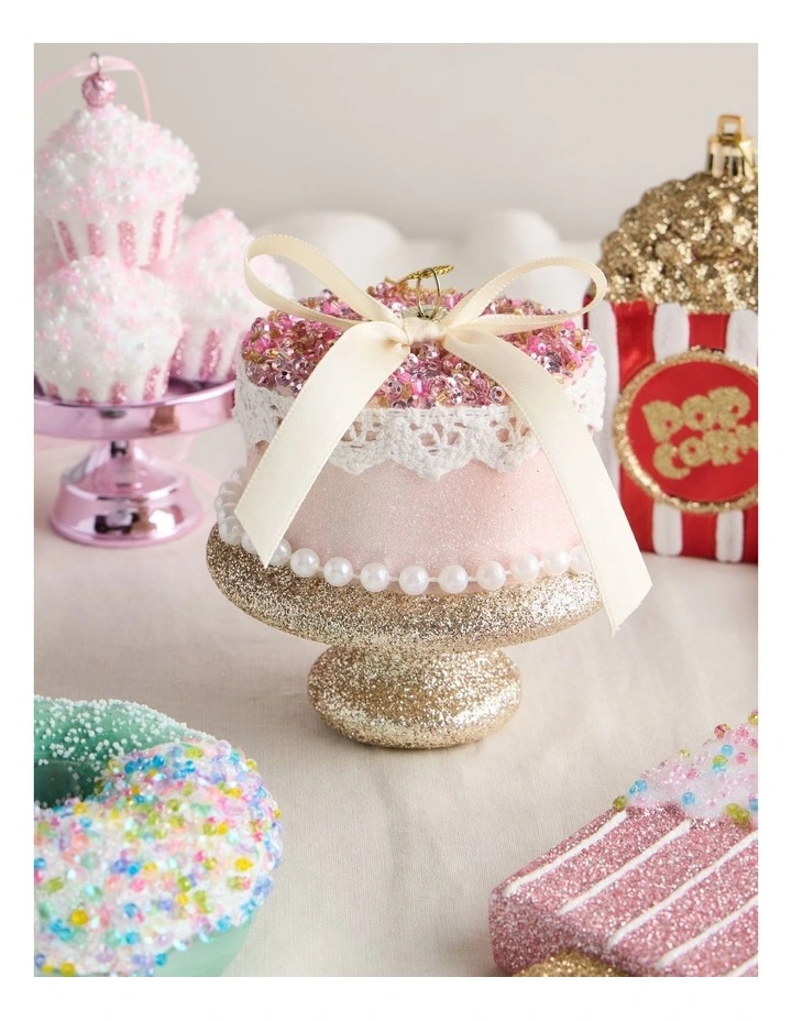 Nostalgia Christmas Plastic Cake with Bead & Pearls Ornament in Pink: 10cm image 4