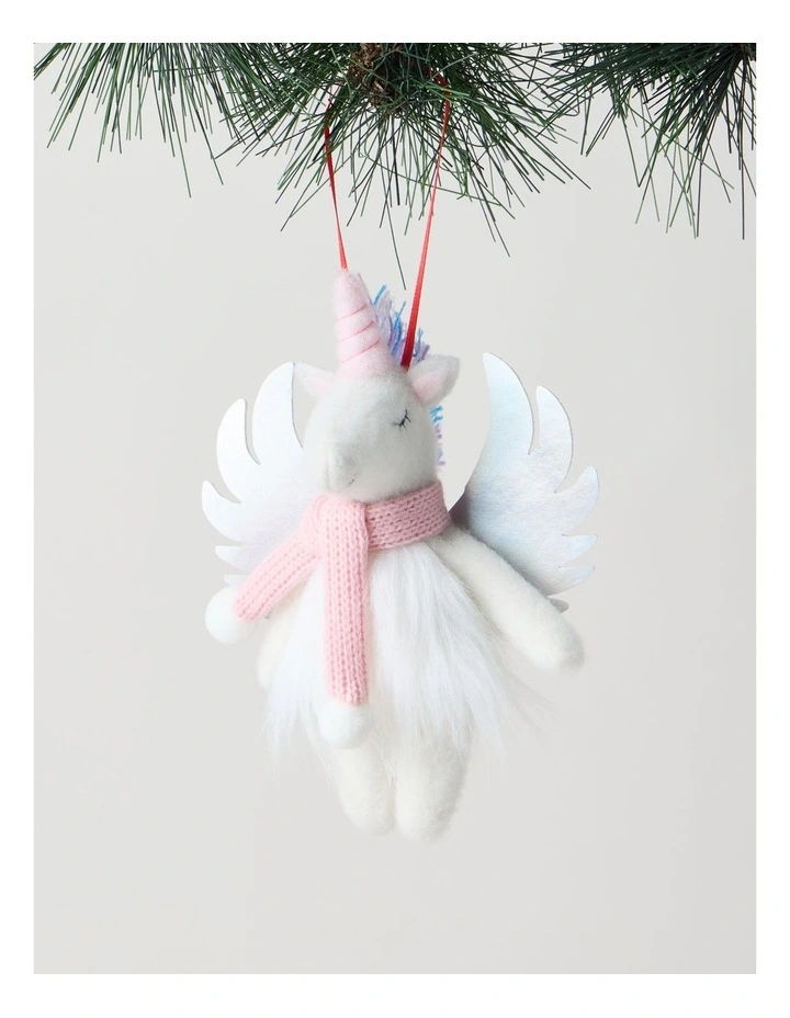 Nostalgia Christmas Fabric Unicorn with Scarf Ornament in White and Pink: 15cm image 1