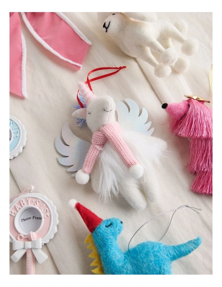 Nostalgia Christmas Fabric Unicorn with Scarf Ornament in White and Pink: 15cm image 3