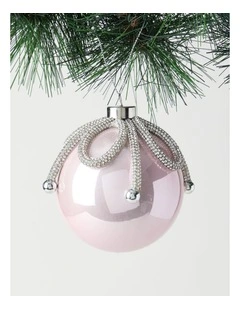 Luxe Christmas Plastic Bauble with Gemmed Ribbon Ornament in Silver: 11cm