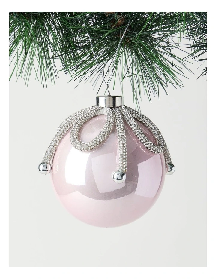 Luxe Christmas Plastic Bauble with Gemmed Ribbon Ornament in Silver: 11cm image 1