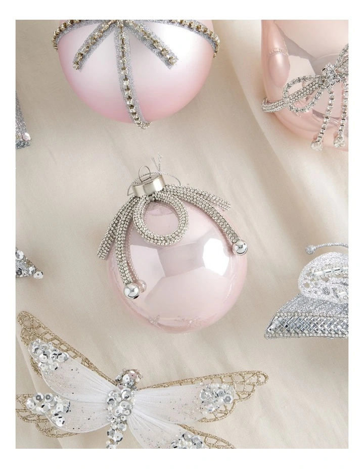 Luxe Christmas Plastic Bauble with Gemmed Ribbon Ornament in Silver: 11cm image 3