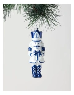 Luxe Christmas Glass Nutcracker Ornament in Blue/White: 14cm