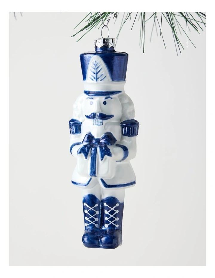 Luxe Christmas Glass Nutcracker Ornament in Blue/White: 14cm image 3