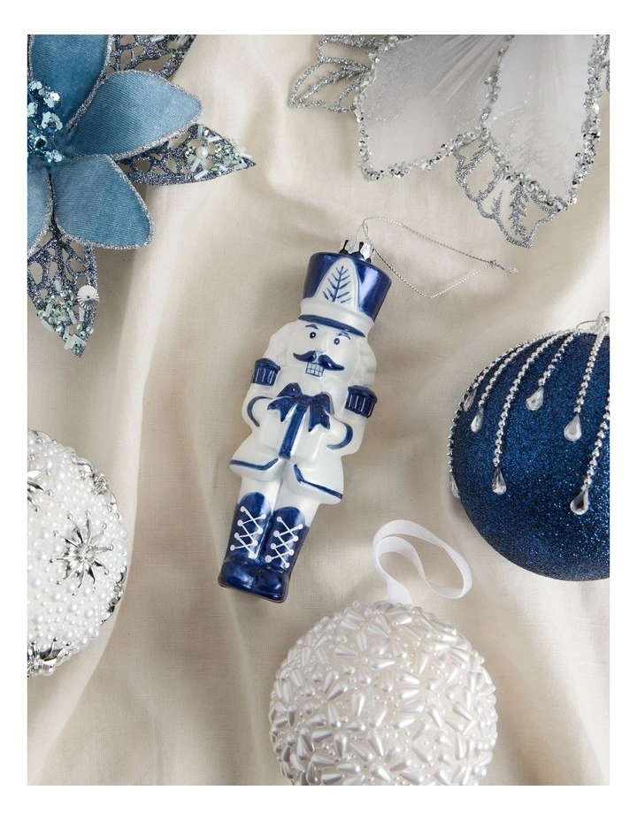 Luxe Christmas Glass Nutcracker Ornament in Blue/White: 14cm image 4