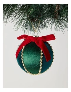 Heirloom Velvet Bauble with Beads in Green: 10cm