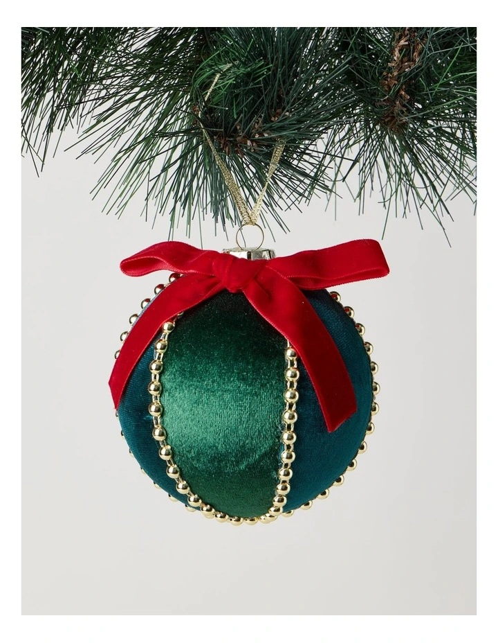 Heirloom Velvet Bauble with Beads in Green: 10cm image 1