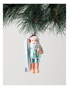 Plastic Santa with Surfboard Ornament in Blue: 11cm