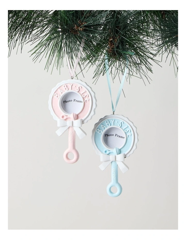 Nostalgia Christmas Assorted Polyresin Baby's First Rattle Frame Ornament in Pink and Blue: 9cm image 1