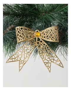 Harvest Christmas Plastic Glittered Bow Clip with Gem in Gold: 14cm