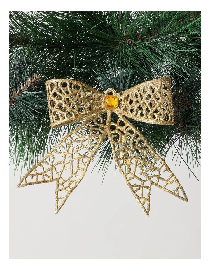 Harvest Christmas Plastic Glittered Bow Clip with Gem in Gold: 14cm image 1