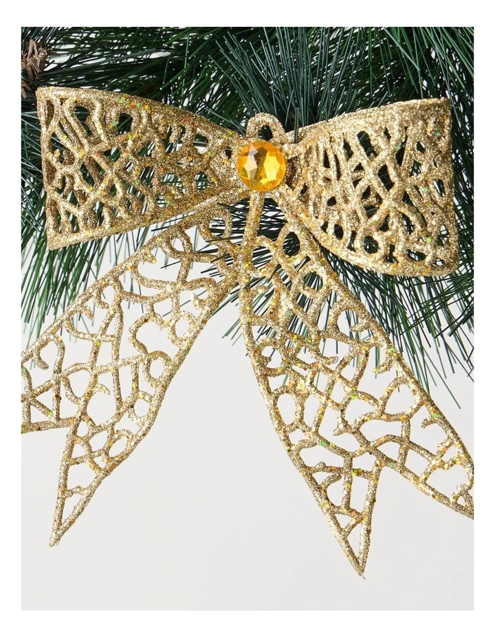 Harvest Christmas Plastic Glittered Bow Clip with Gem in Gold: 14cm image 2