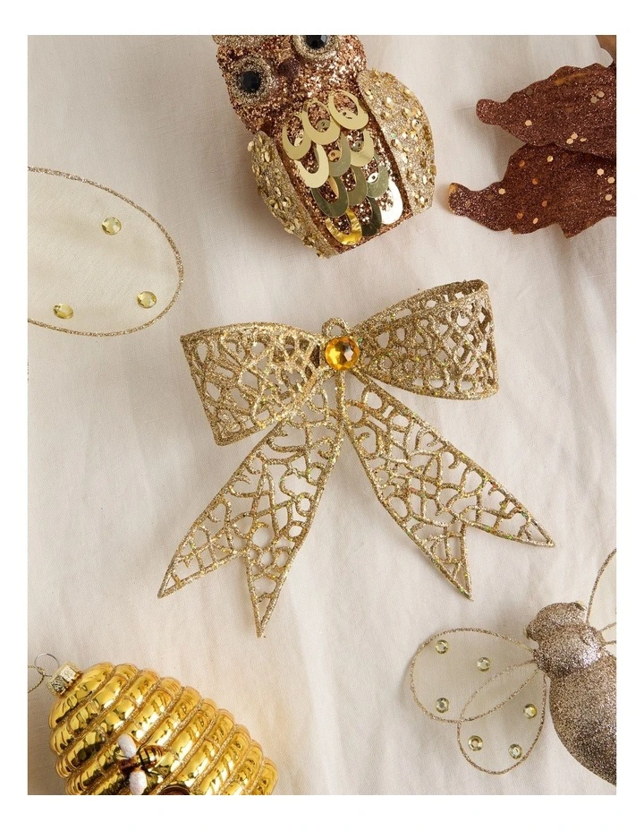 Harvest Christmas Plastic Glittered Bow Clip with Gem in Gold: 14cm image 3