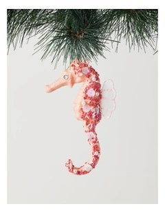 Eucalyptus Plastic Glittered Seahorse Ornament in Pink: 15cm