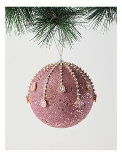 Luxe Christmas Plastic Oversized Glitter & Gems Bauble in Pink: 12cm