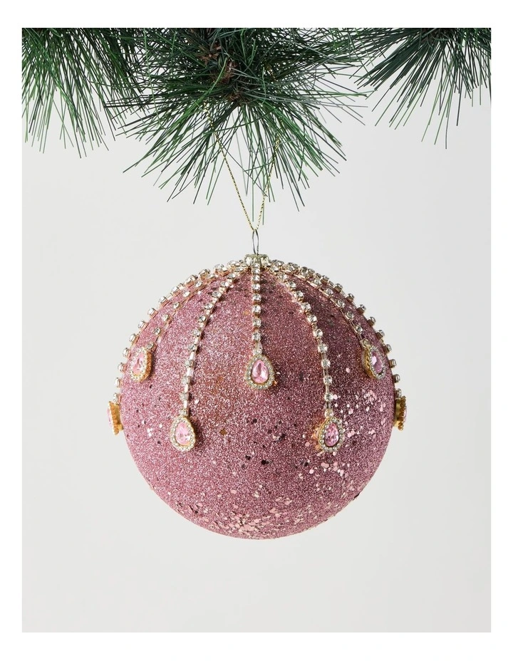 Luxe Christmas Plastic Oversized Glitter & Gems Bauble in Pink: 12cm image 1