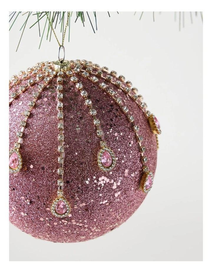 Luxe Christmas Plastic Oversized Glitter & Gems Bauble in Pink: 12cm image 2