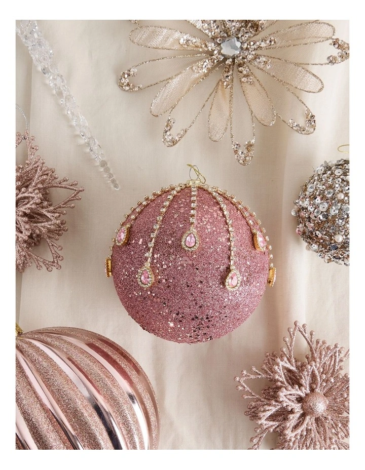 Luxe Christmas Plastic Oversized Glitter & Gems Bauble in Pink: 12cm image 3