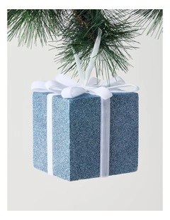 Luxe Christmas Oversized Glitter Present with Velvet Ribbon Ornament in Blue: 13cm