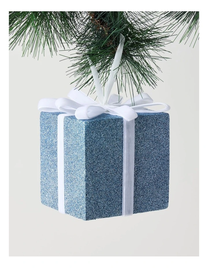 Luxe Christmas Oversized Glitter Present with Velvet Ribbon Ornament in Blue: 13cm image 1