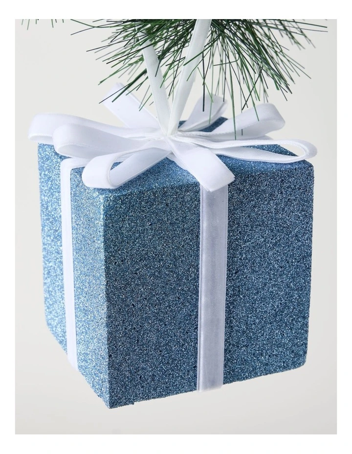 Luxe Christmas Oversized Glitter Present with Velvet Ribbon Ornament in Blue: 13cm image 2