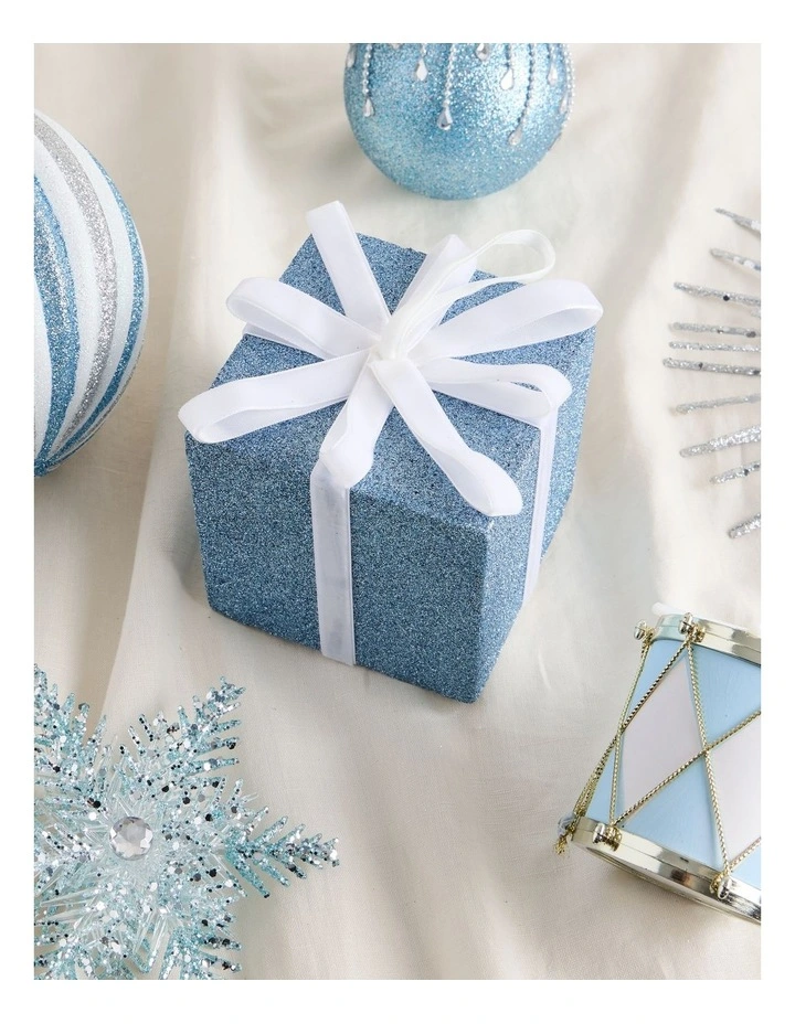 Luxe Christmas Oversized Glitter Present with Velvet Ribbon Ornament in Blue: 13cm image 3
