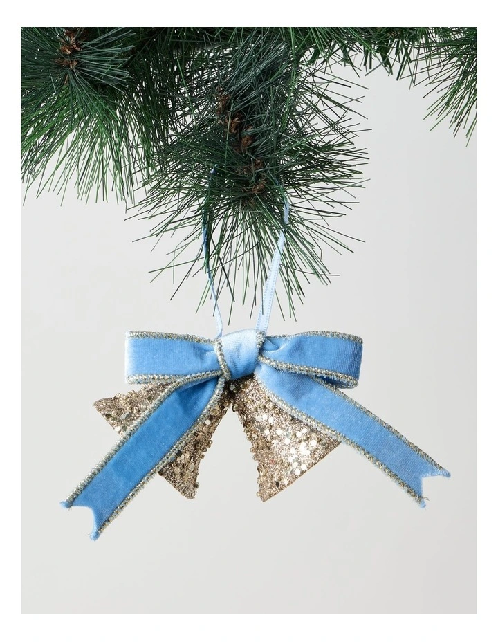 Luxe Christmas Glitter Bells with Velvet Ribbon Ornament in Blue and Champagne: 14cm image 1