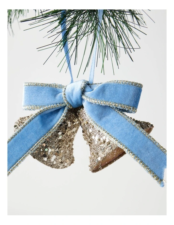 Luxe Christmas Glitter Bells with Velvet Ribbon Ornament in Blue and Champagne: 14cm image 3
