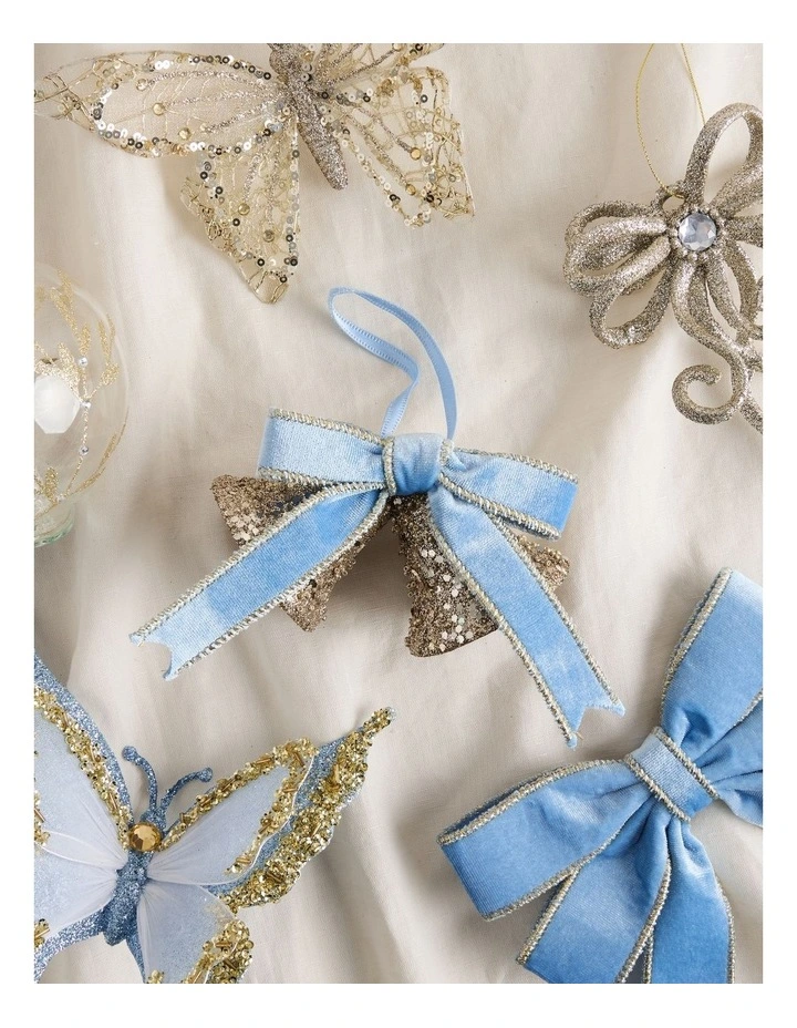 Luxe Christmas Glitter Bells with Velvet Ribbon Ornament in Blue and Champagne: 14cm image 4