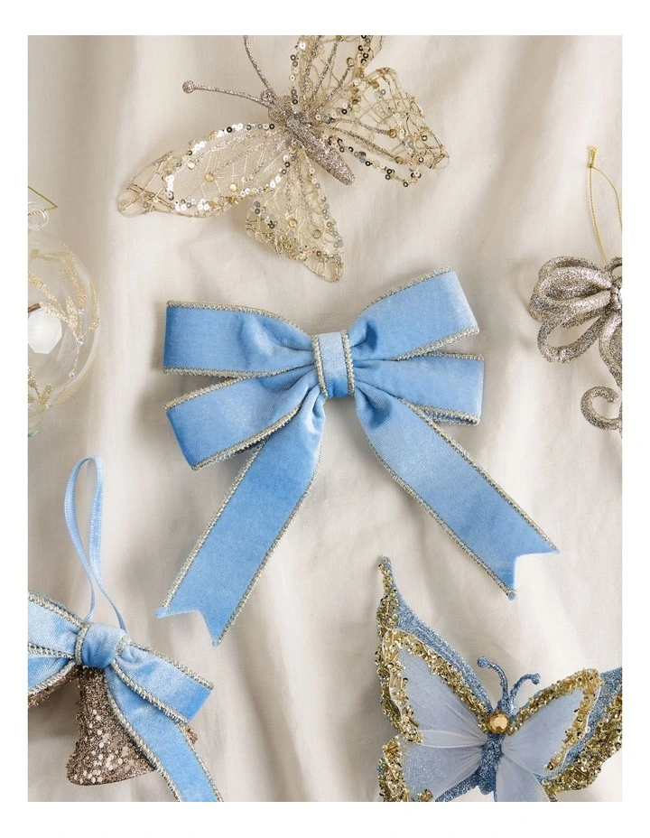 Luxe Christmas Velvet Fabric Bow Clip with Gold Trim in Blue: 18cm image 3