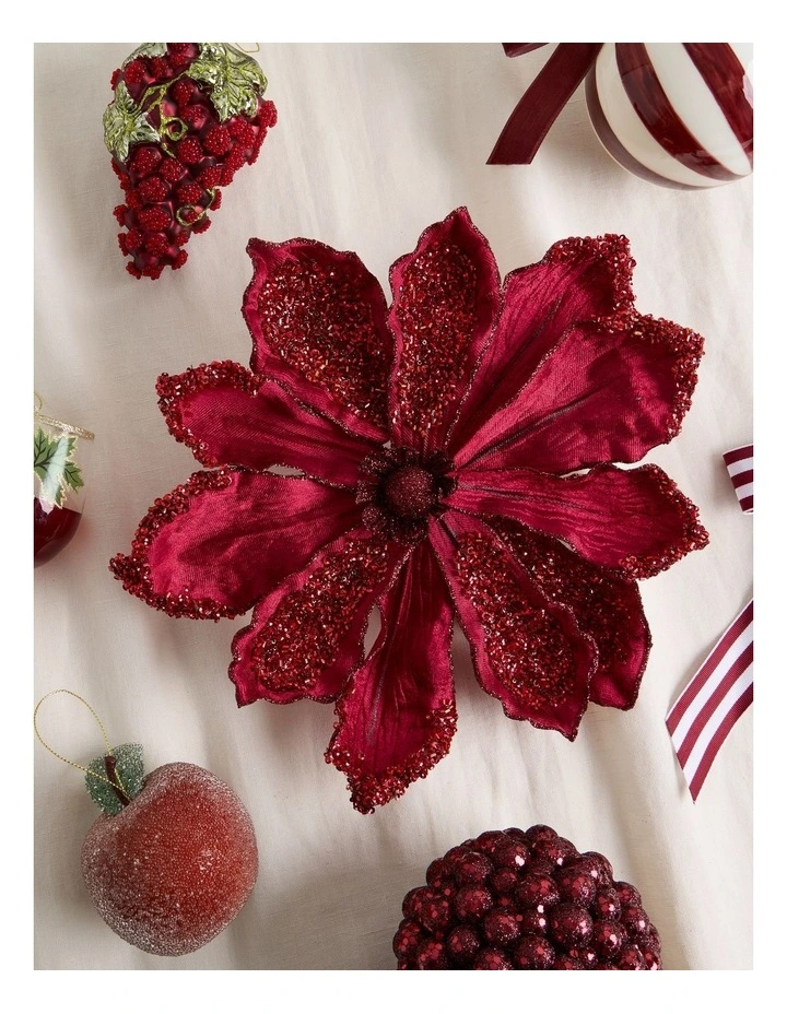Heirloom Velvet Magnolia Clip with Beads in Red: 22cm image 3