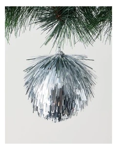 Nostalgia Christmas Shiny Tinsel Ball Ornament in Silver: 10cm