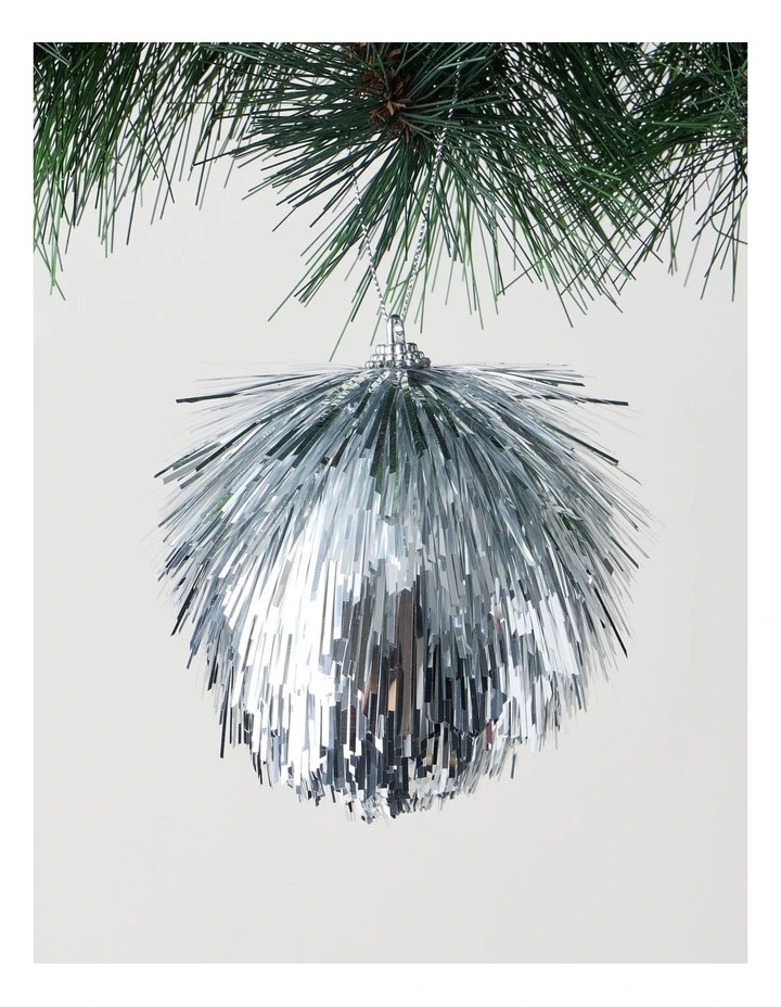 Nostalgia Christmas Shiny Tinsel Ball Ornament in Silver: 10cm image 1