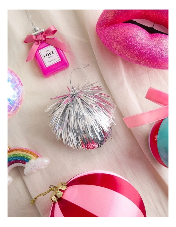 Nostalgia Christmas Shiny Tinsel Ball Ornament in Silver: 10cm image 4
