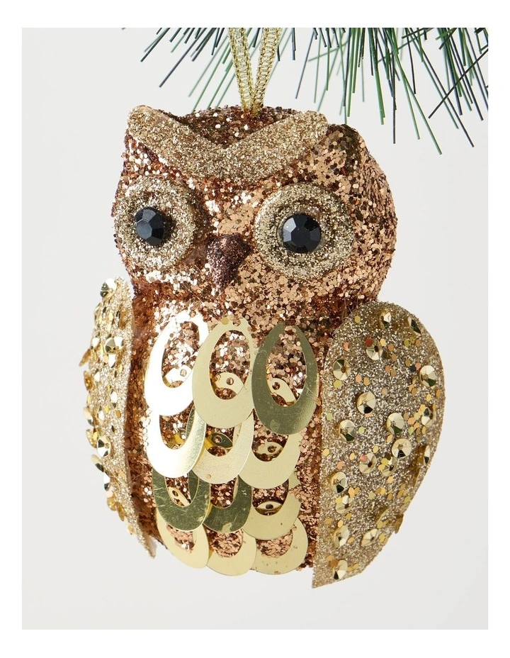 Harvest Christmas Plastic Sequin Owl Ornament in Brown: 10cm image 3