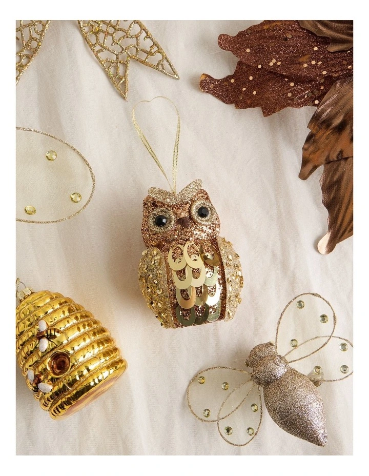 Harvest Christmas Plastic Sequin Owl Ornament in Brown: 10cm image 4