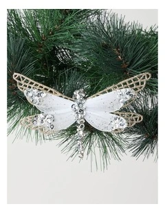 Luxe Christmas Glittered Mesh & Fabric Dragonfly Clip Gold: 6.5 cm