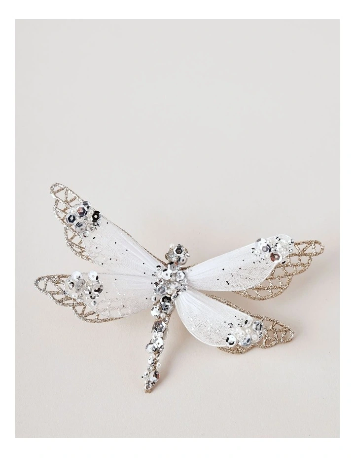 Luxe Christmas Glittered Mesh & Fabric Dragonfly Clip Gold: 6.5 cm image 2