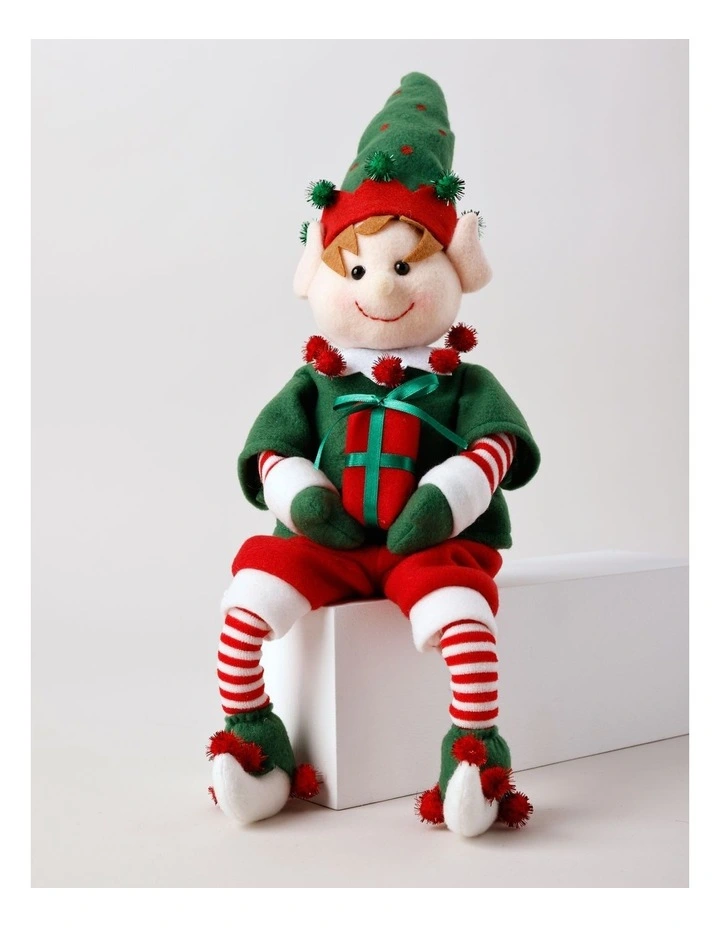 Candyland Christmas Fabric Sitting Elf Decoration 17cm in Green/Red image 1