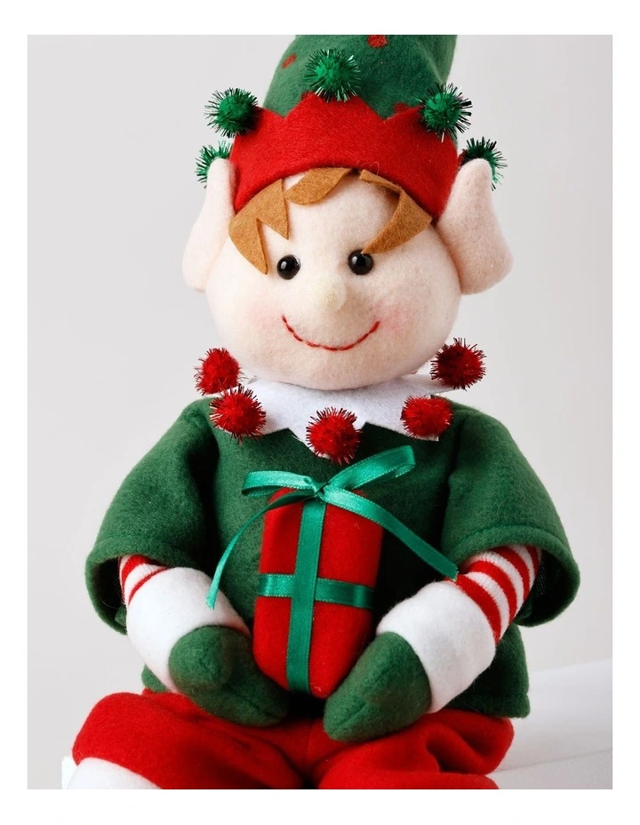 Candyland Christmas Fabric Sitting Elf Decoration 17cm in Green/Red image 2